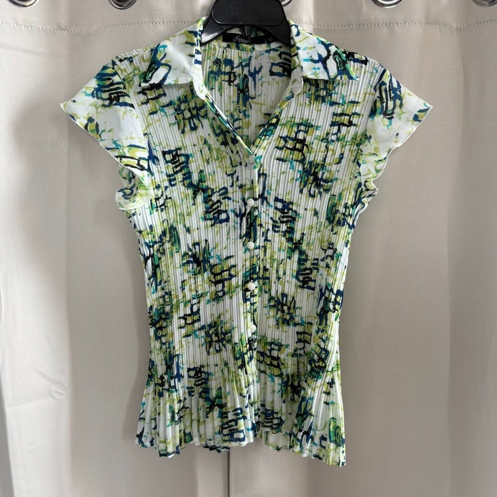 Essentials Womens Top Small Abstract Artsy Pleated Button Up Semi Sheer 18047x